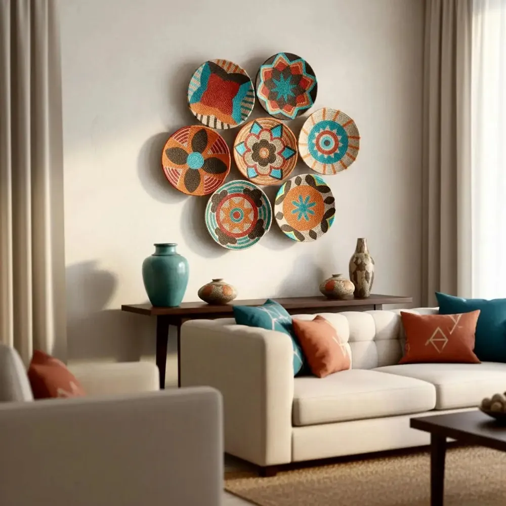 Other wall decoration - Bloom & Rhythm: Set of 6 Handmade Wicker Wall Plates (20cm) - SARMAL DESIGN