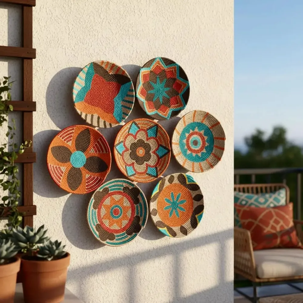 Other wall decoration - Bloom & Rhythm: Set of 6 Handmade Wicker Wall Plates (20cm) - SARMAL DESIGN