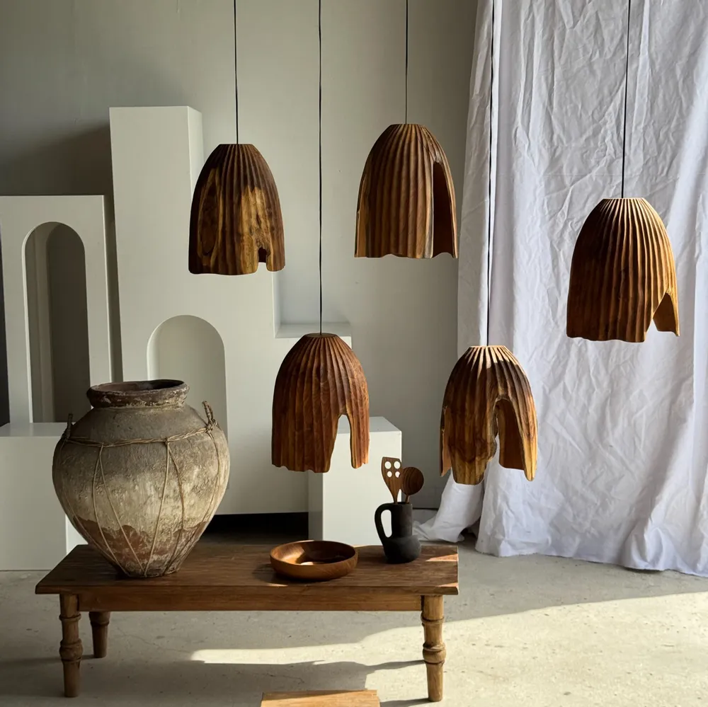 Suspensions - Grande suspension ou abat-jour en teck naturel organique tubulaire H40 - OFFICE OBJETS