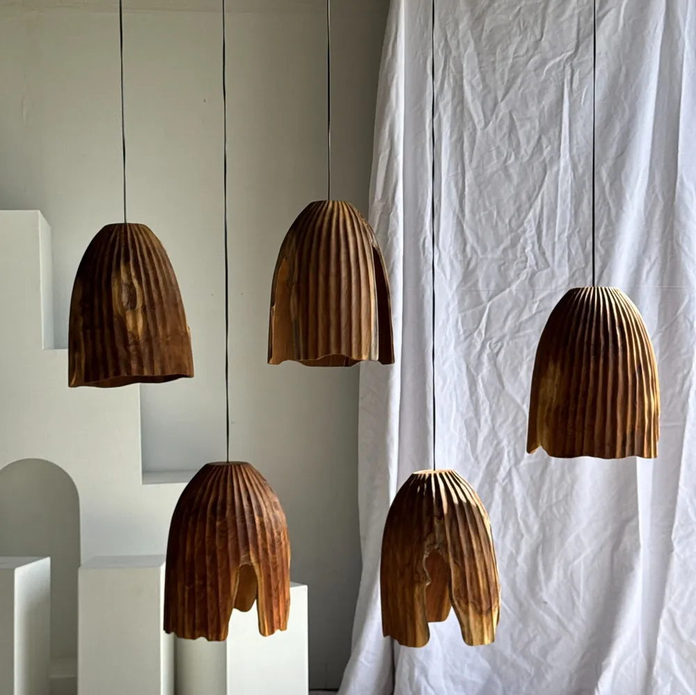 Suspensions - Grande suspension ou abat-jour en teck naturel organique tubulaire H40 - OFFICE OBJETS