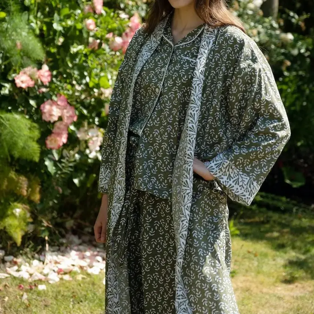 Sleepwear - Long Cotton Kimono - Falling Leaf Green - LIME TREE DESIGN