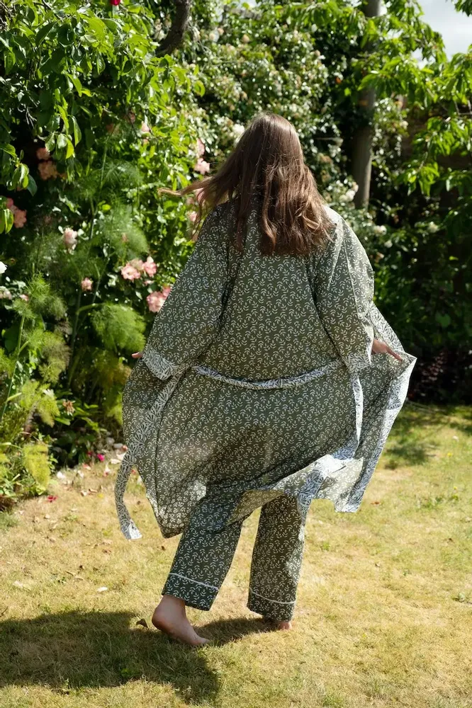Sleepwear - Long Cotton Kimono - Falling Leaf Green - LIME TREE DESIGN