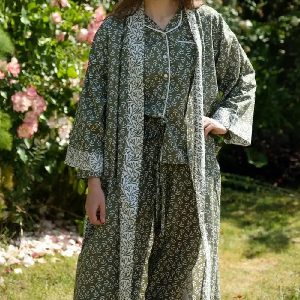 Sleepwear - Long Cotton Kimono - Falling Leaf Green - LIME TREE DESIGN