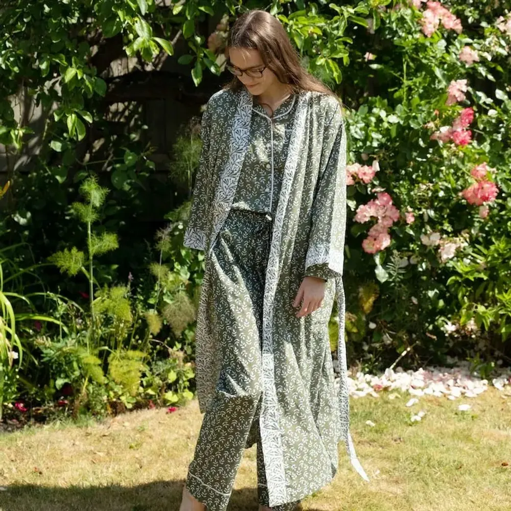 Sleepwear - Long Cotton Kimono - Falling Leaf Green - LIME TREE DESIGN