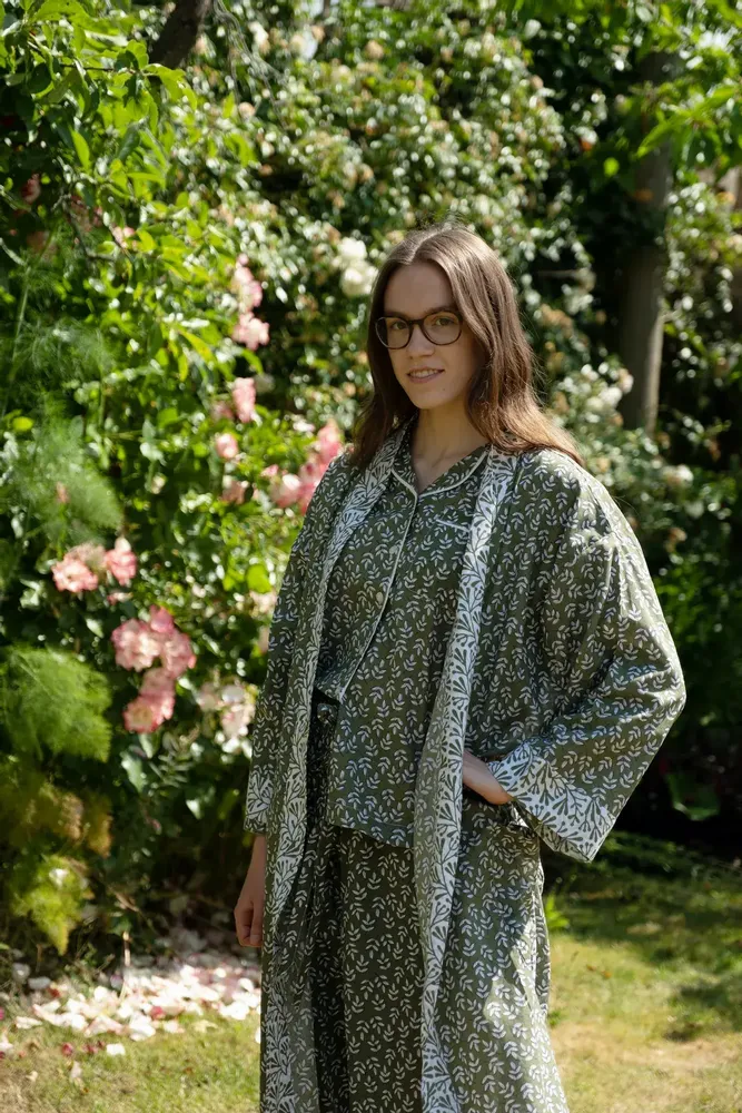 Sleepwear - Long Cotton Kimono - Falling Leaf Green - LIME TREE DESIGN