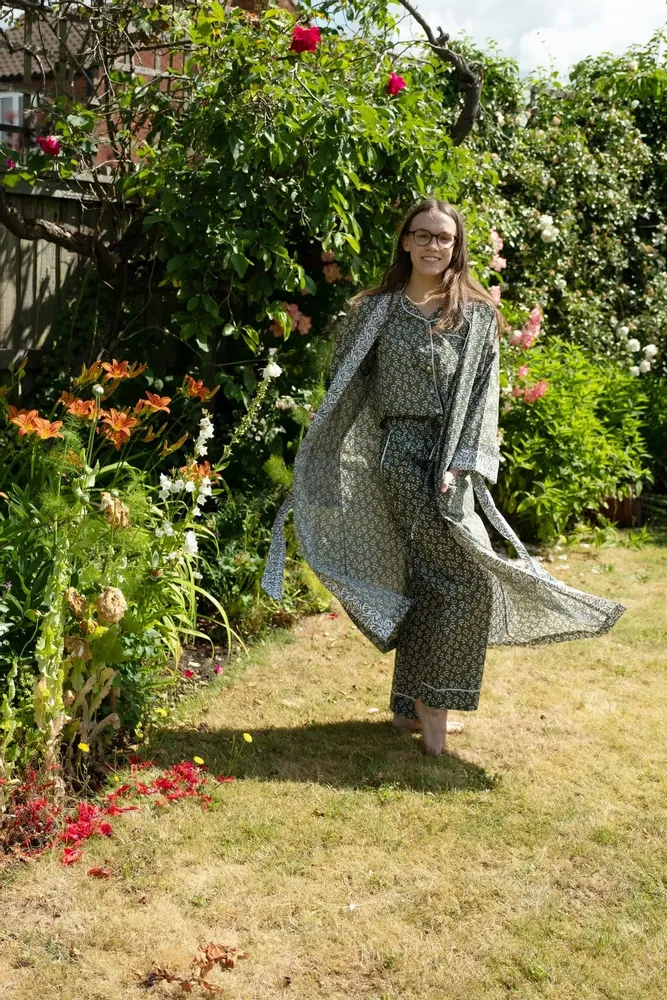 Sleepwear - Long Cotton Kimono - Falling Leaf Green - LIME TREE DESIGN