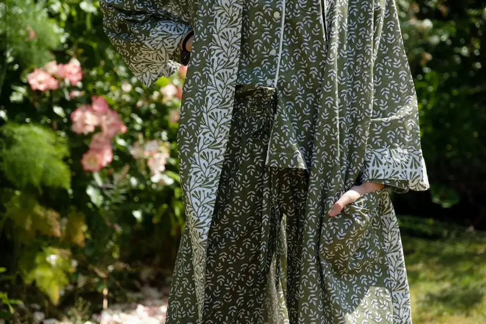 Sleepwear - Long Cotton Kimono - Falling Leaf Green - LIME TREE DESIGN