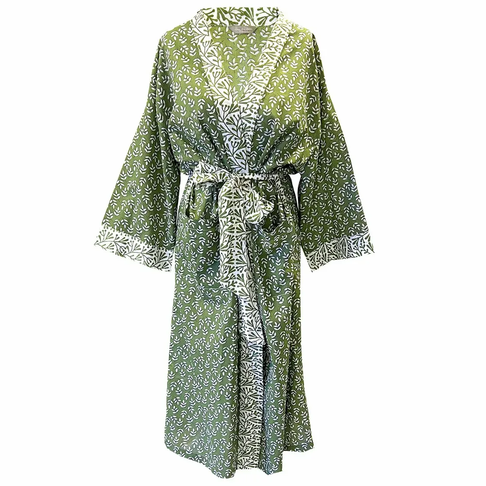 Sleepwear - Long Cotton Kimono - Falling Leaf Green - LIME TREE DESIGN