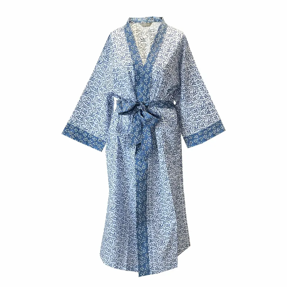 Sleepwear - Long Cotton Kimono - Blue Bud - LIME TREE DESIGN