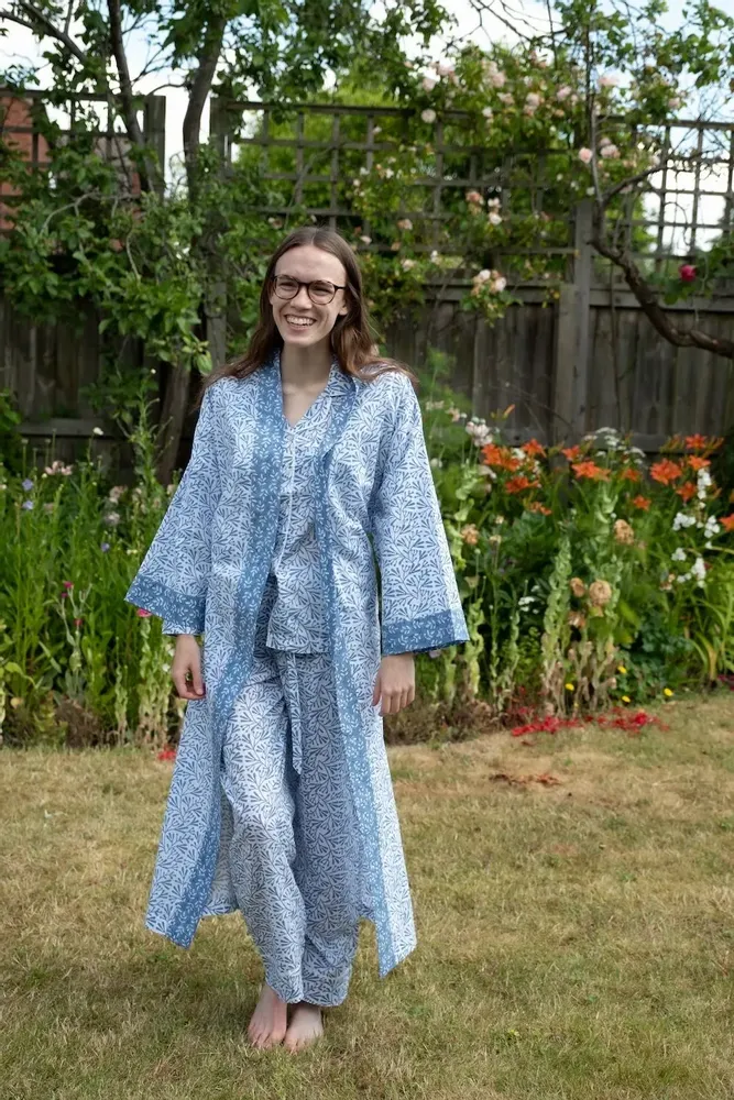 Sleepwear - Long Cotton Kimono - Blue Bud - LIME TREE DESIGN
