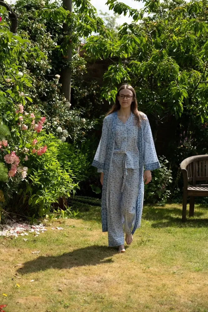 Sleepwear - Long Cotton Kimono - Blue Bud - LIME TREE DESIGN