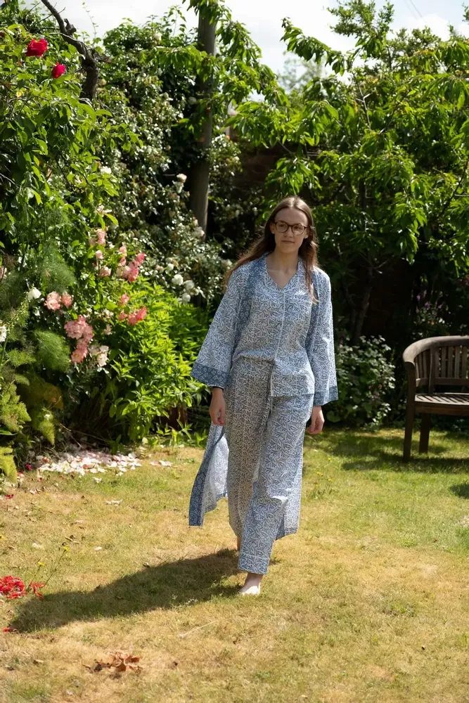 Sleepwear - Long Cotton Kimono - Blue Bud - LIME TREE DESIGN