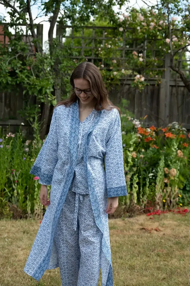 Sleepwear - Long Cotton Kimono - Blue Bud - LIME TREE DESIGN