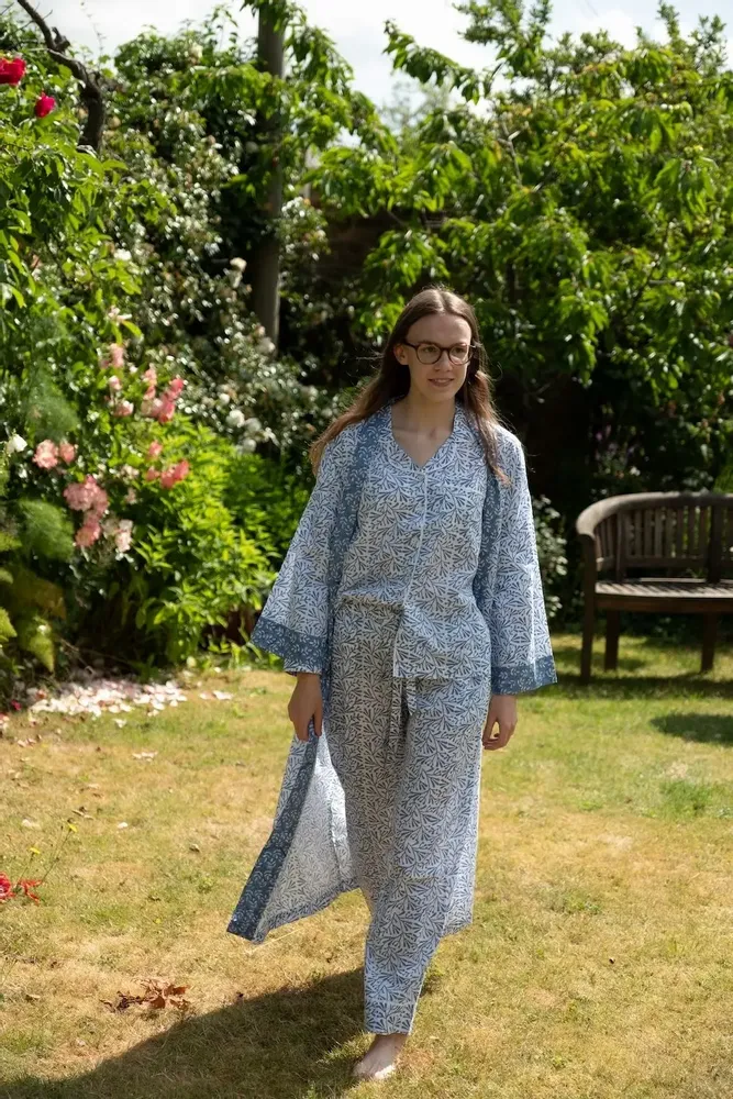 Sleepwear - Long Cotton Kimono - Blue Bud - LIME TREE DESIGN
