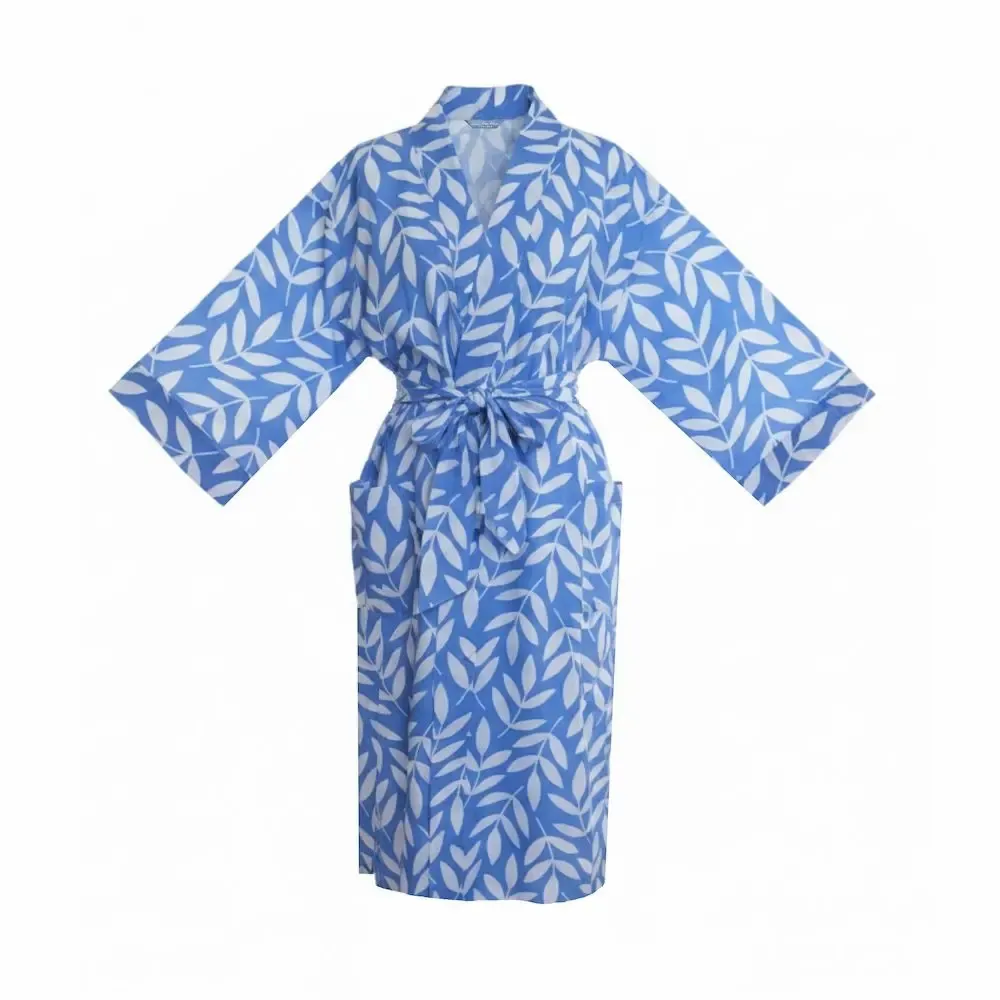 Sleepwear - Long Cotton Kimono - Large Leaf Blue - LIME TREE DESIGN