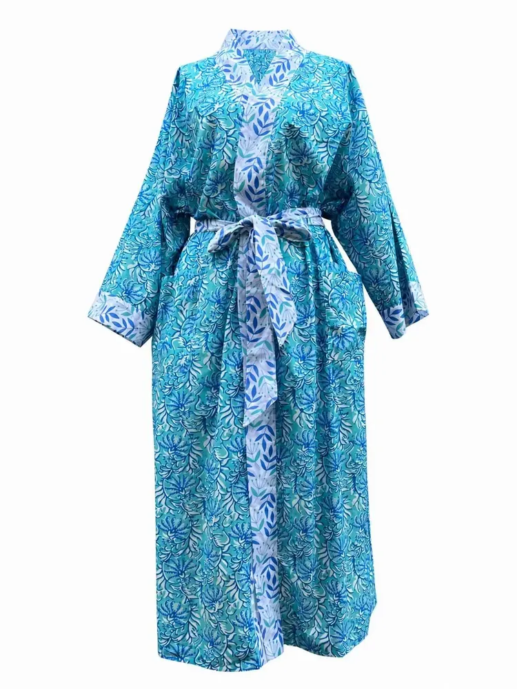 Sleepwear - Long Cotton Kimono - Jaipur Turquoise - LIME TREE DESIGN