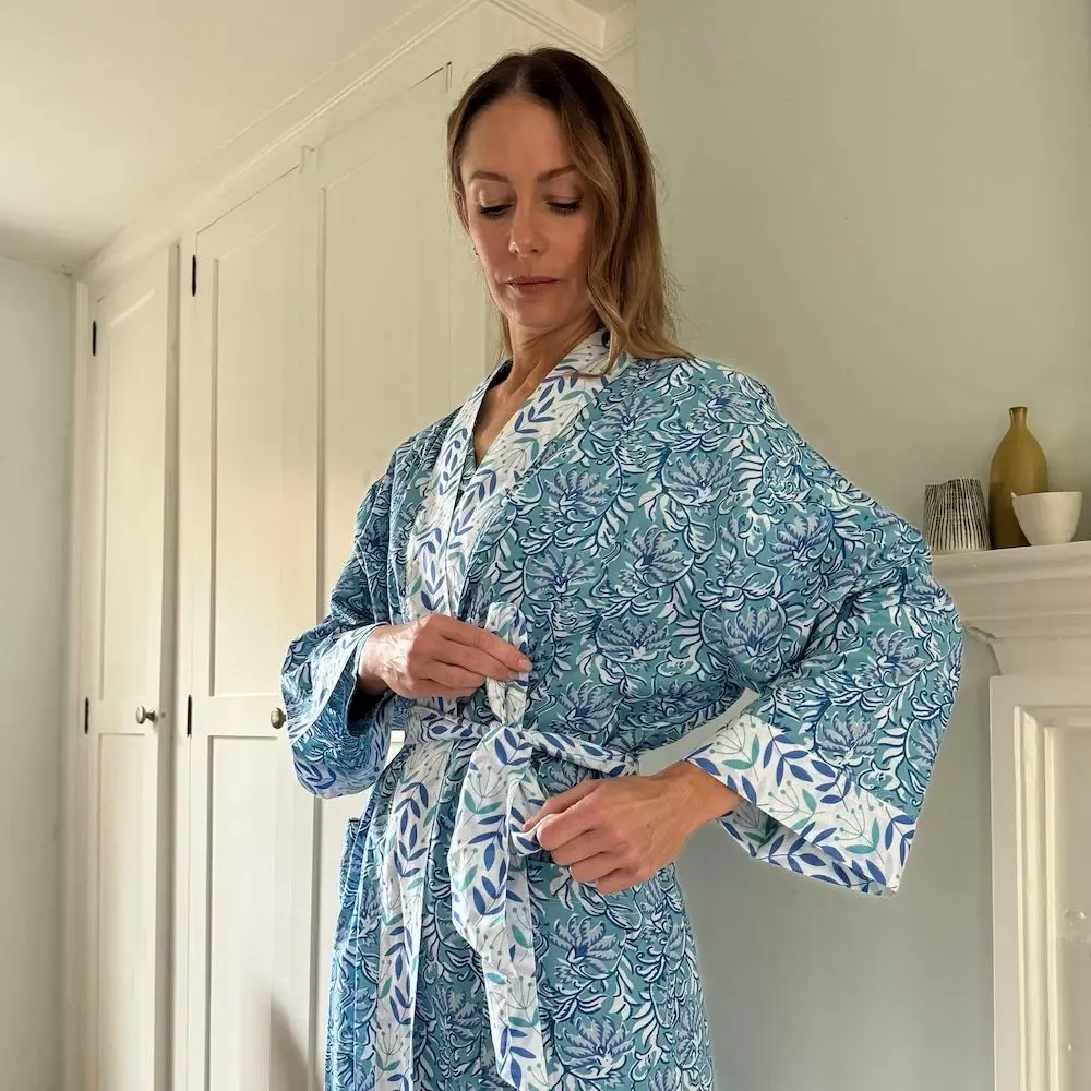 Sleepwear - Long Cotton Kimono - Jaipur Turquoise - LIME TREE DESIGN