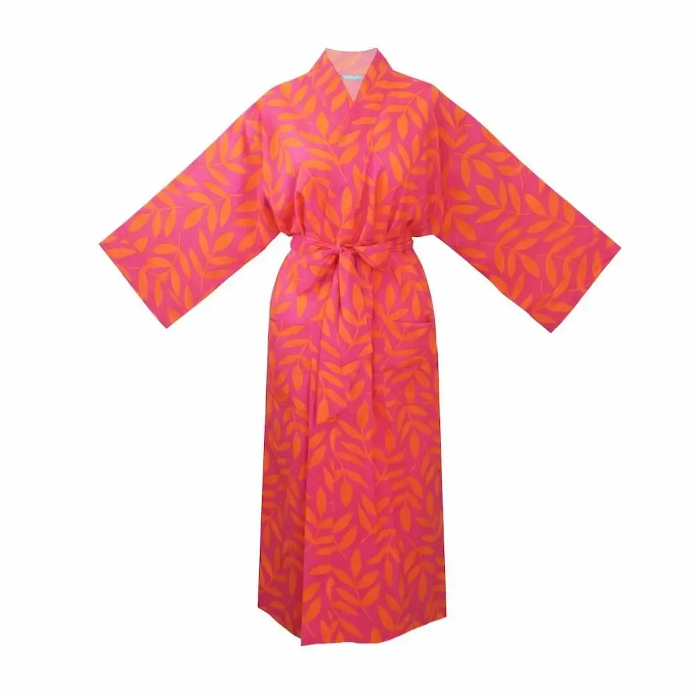 Sleepwear - Long Cotton Kimono - Large Leaf Magenta - LIME TREE DESIGN