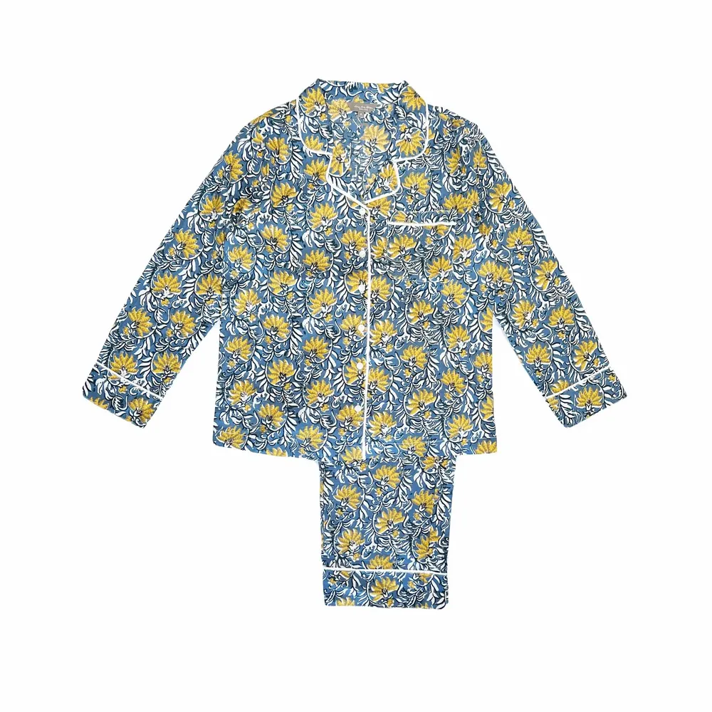 Sleepwear - Cotton Pyjamas - Jaipur Blue & Yellow - LIME TREE DESIGN