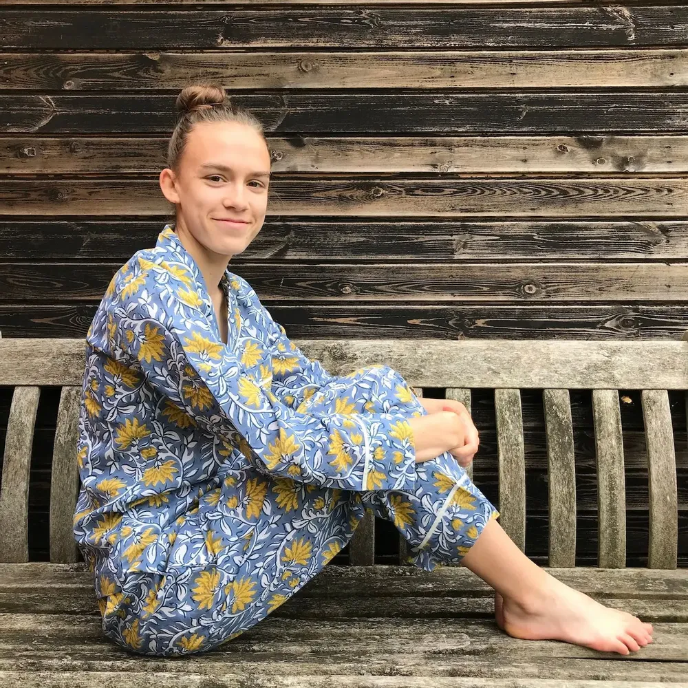 Sleepwear - Cotton Pyjamas - Jaipur Blue & Yellow - LIME TREE DESIGN