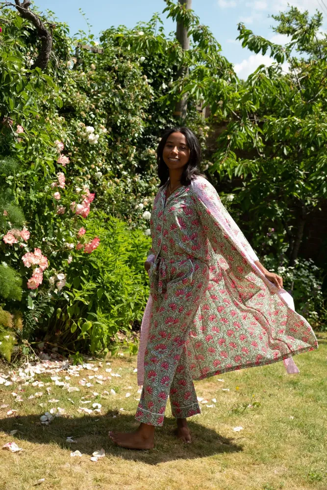 Sleepwear - Cotton Pyjamas - Jaipur Green and Pink - LIME TREE DESIGN