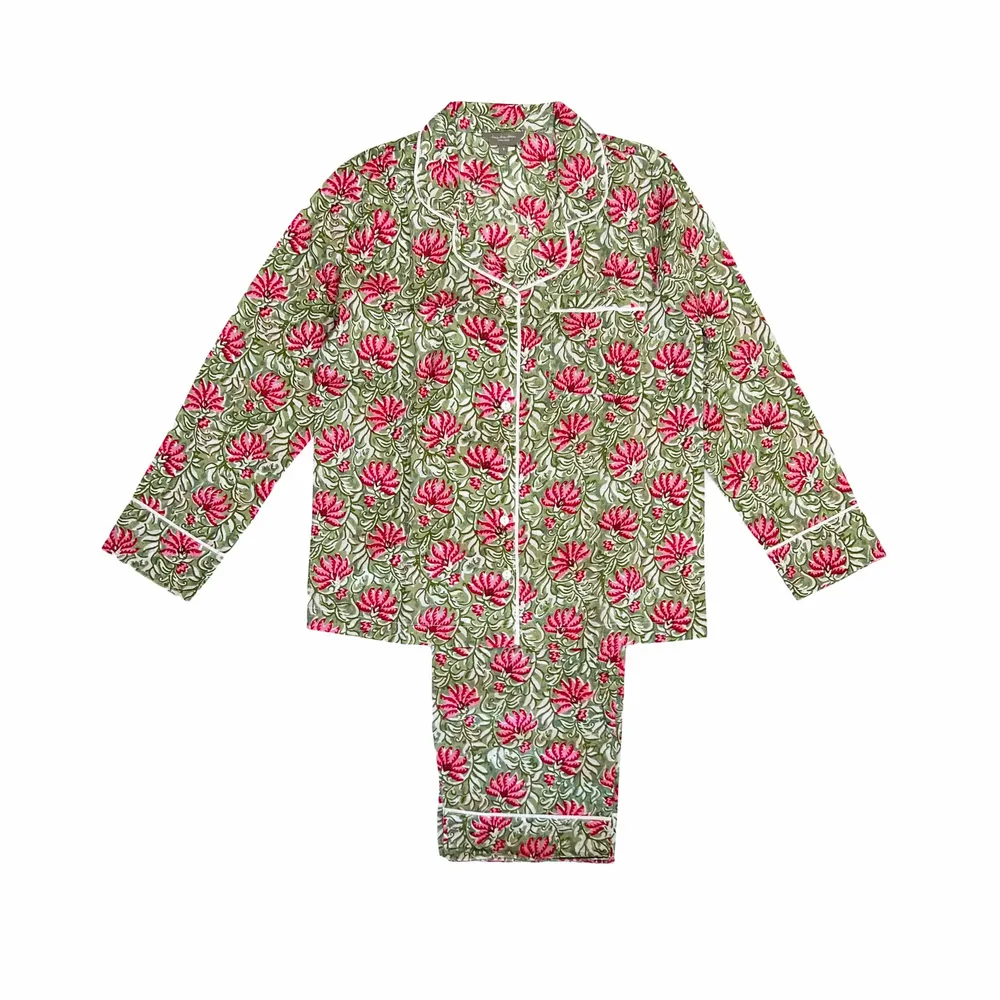 Sleepwear - Cotton Pyjamas - Jaipur Green and Pink - LIME TREE DESIGN