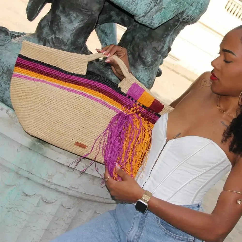 Sacs et cabas - Sac raphia à franges et pochette amovible ROSA - KLEO