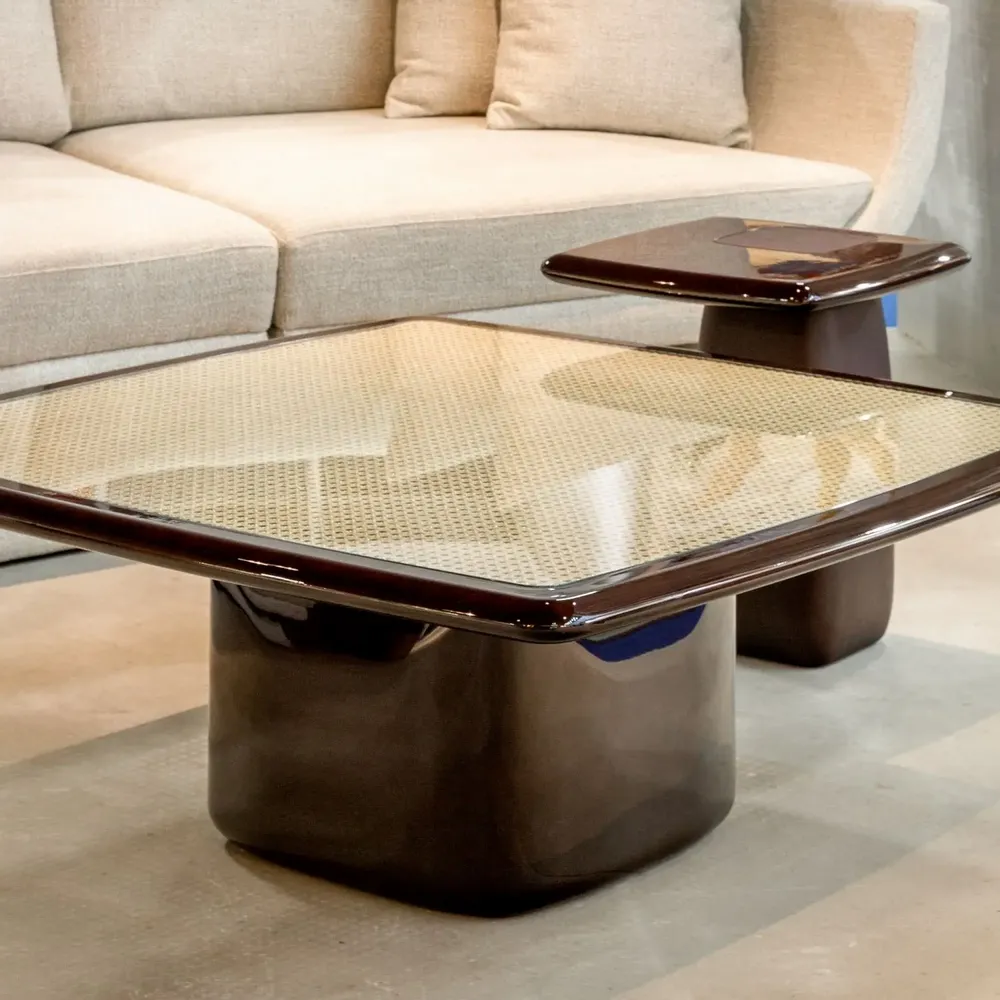 Coffee tables - Bossa Square Coffee Table in Natural Oak and cane, made in Portugal - DUISTT