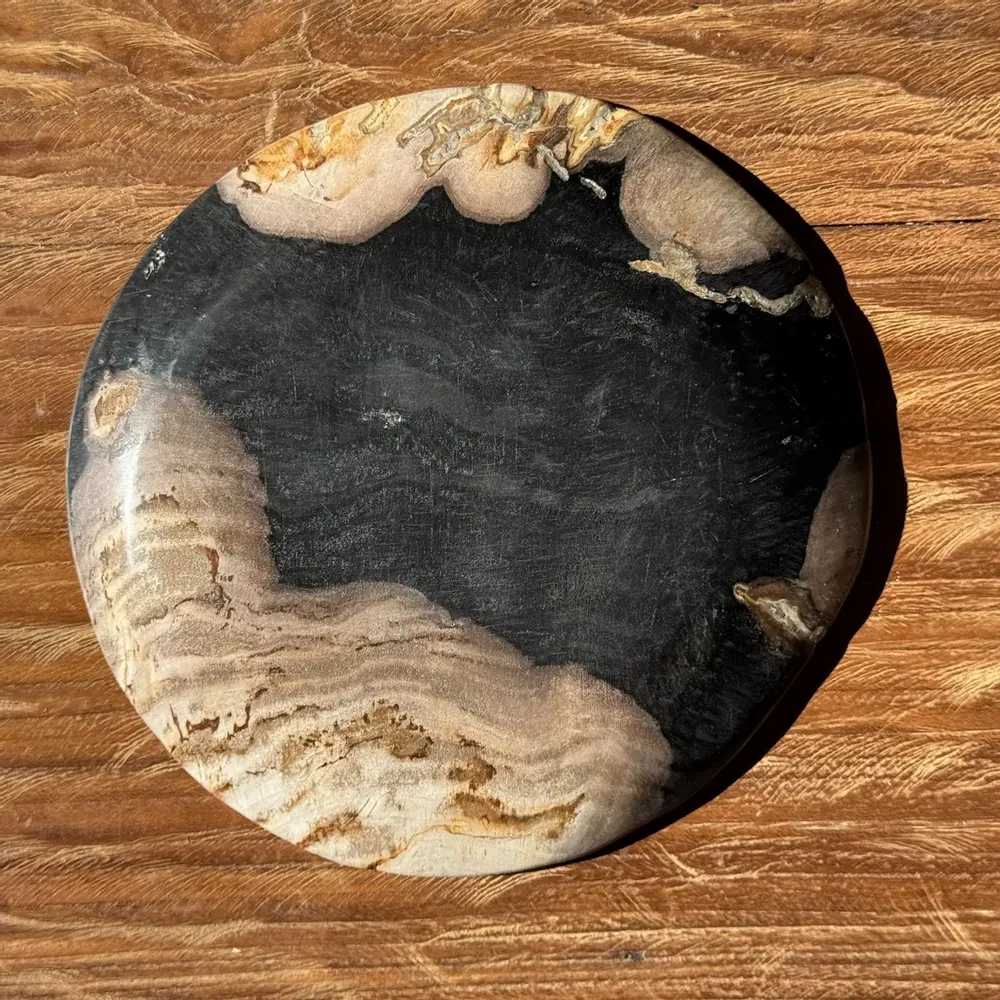 Pièces uniques - Petit vide poche ou plat en bois pétrifié noir et beige D20,5 -3317 - OFFICE OBJETS