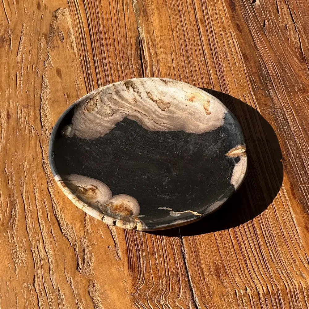 Pièces uniques - Petit vide poche ou plat en bois pétrifié noir et beige D20,5 -3317 - OFFICE OBJETS
