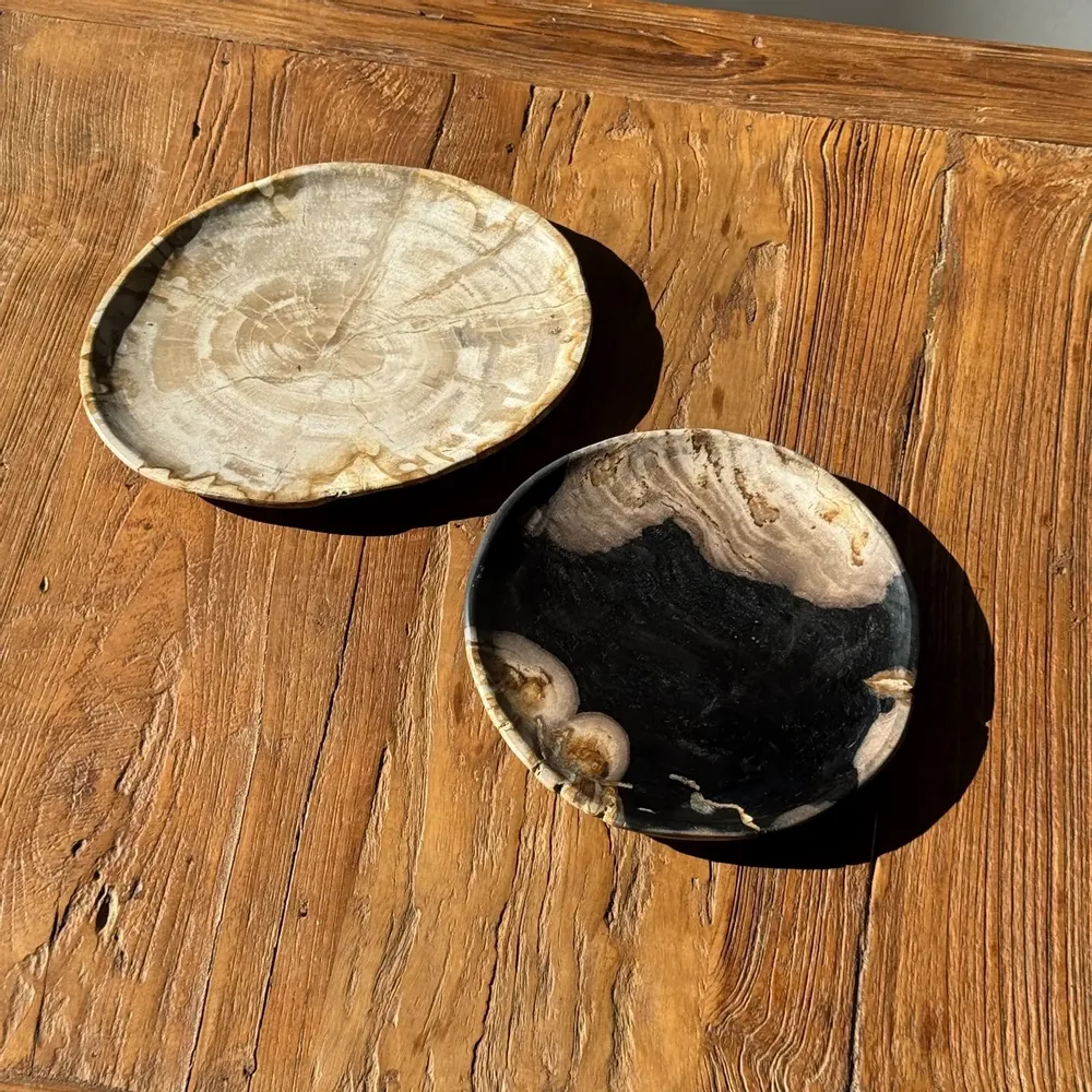 Pièces uniques - Petit vide poche ou plat en bois pétrifié noir et beige D20,5 -3317 - OFFICE OBJETS