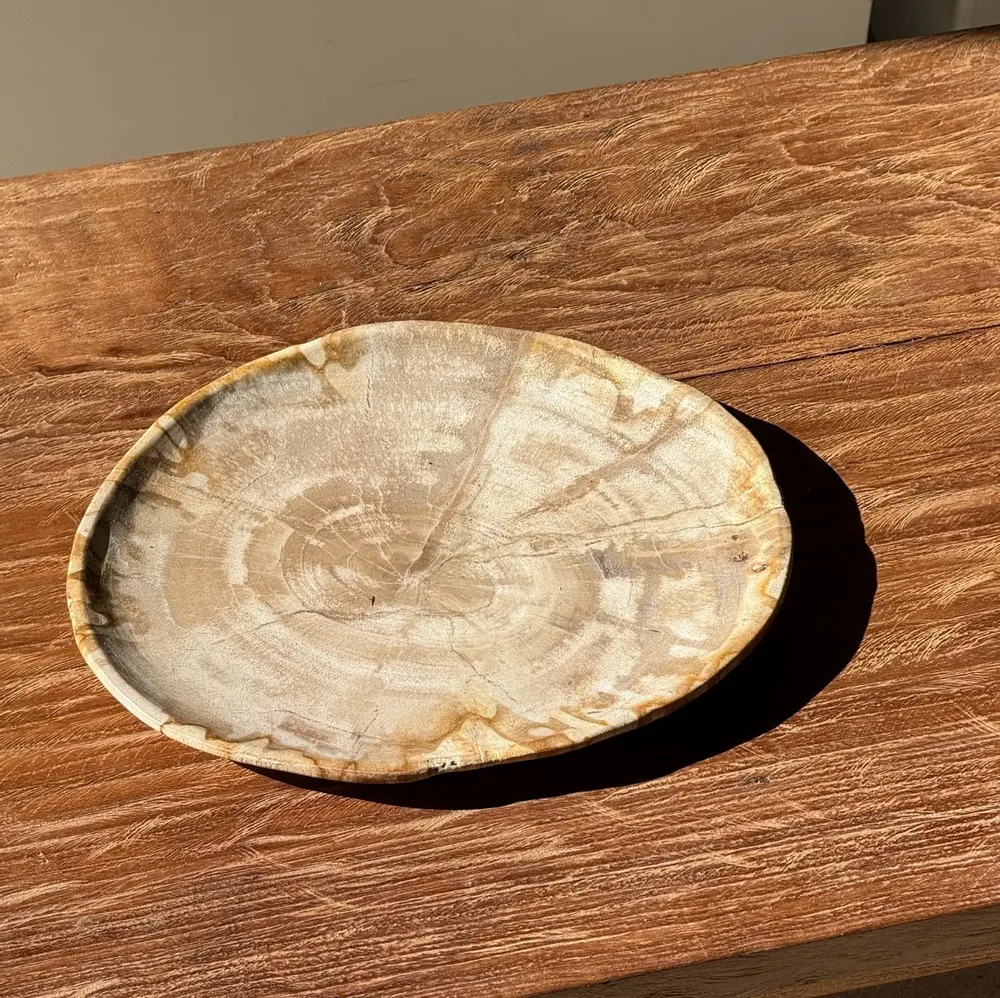 Assiettes de réception - Petit vide poche ou plat en bois pétrifié ovale beige cernes moucheté - OFFICE OBJETS