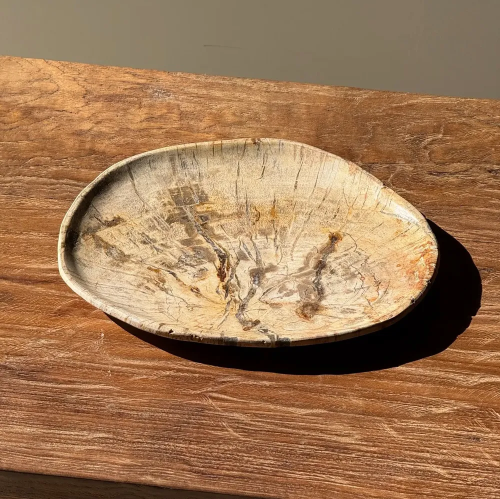 Platter and bowls - Small empty pouch or dish in beige petrified wood oval with crystal ri - OFFICE OBJETS