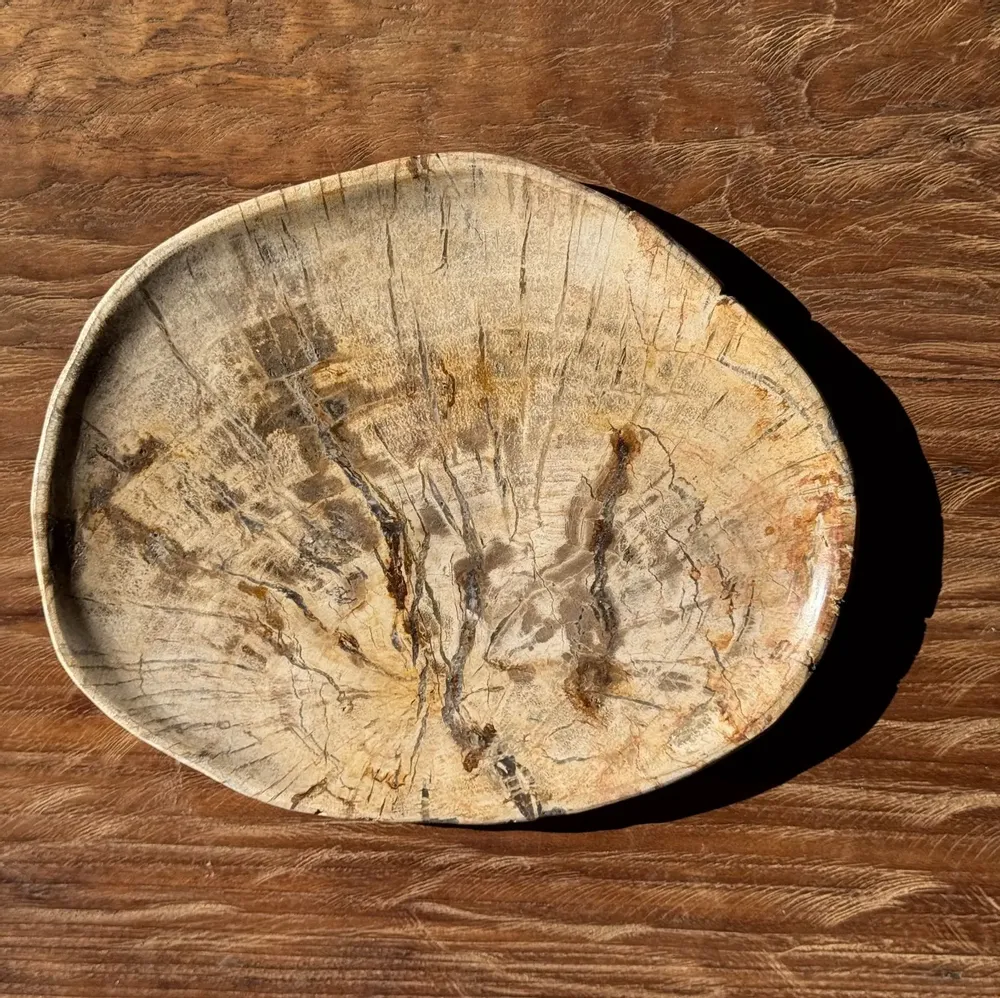 Platter and bowls - Small empty pouch or dish in beige petrified wood oval with crystal ri - OFFICE OBJETS