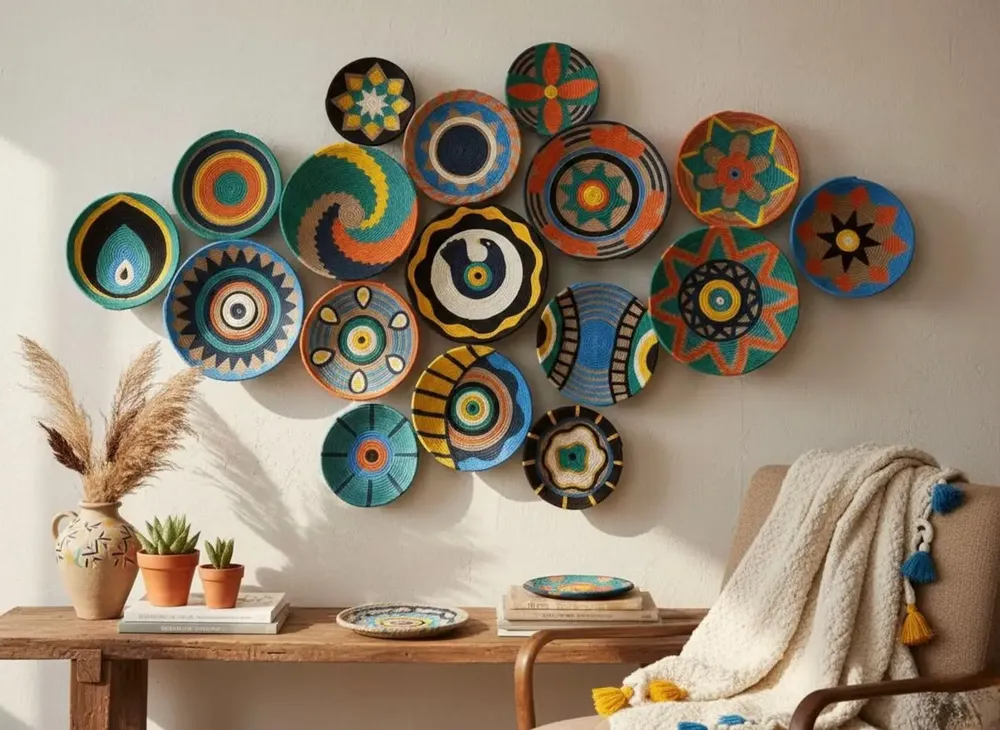 Other wall decoration - Anatolian Spirit: 16-Piece Handmade Wicker Wall Plate Installation - SARMAL DESIGN