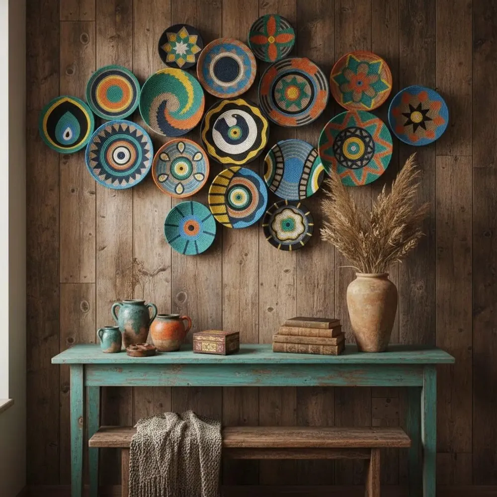 Other wall decoration - Anatolian Spirit: 16-Piece Handmade Wicker Wall Plate Installation - SARMAL DESIGN