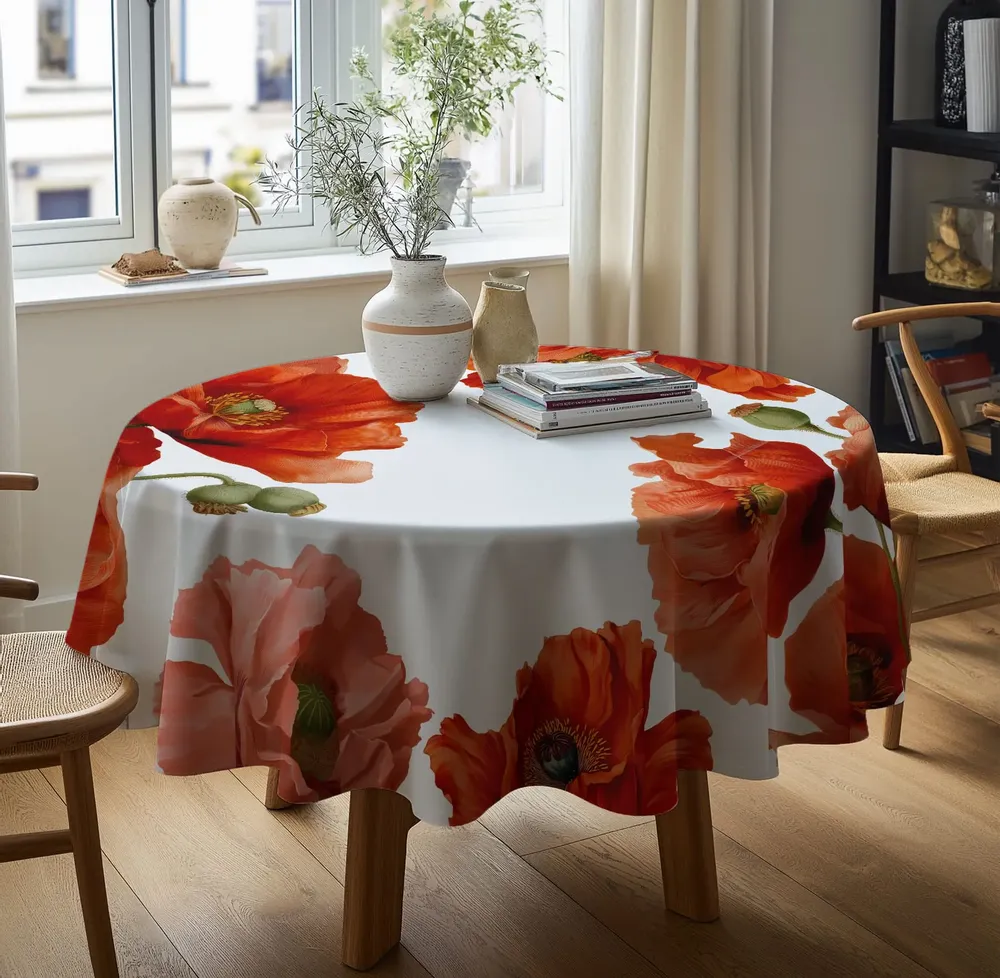 Linge de table textile - Nappe ronde à imprimé floral – 100 % lin – coquelicots rouges - NORAVILLA