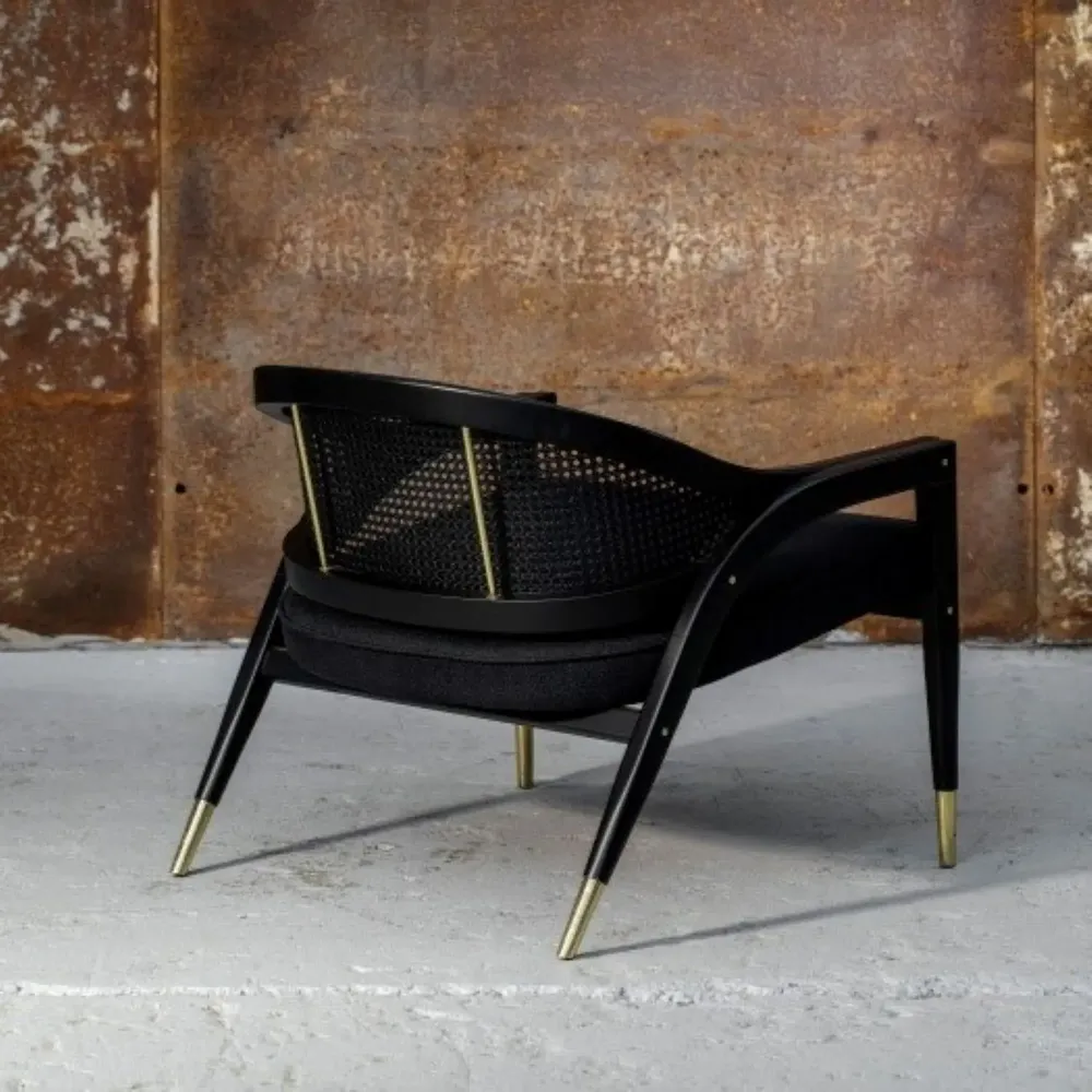 Lounge chairs for hospitalities & contracts - Wormley Armchair Sikomoro wood legs, back rest Cane, Brass, seat COM - DUISTT