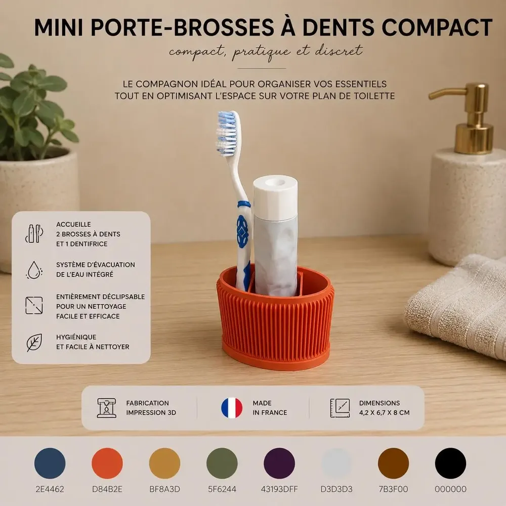 Bathroom storage - Compact mini toothbrush holder — 3D printing made in France - CRÉA-TH