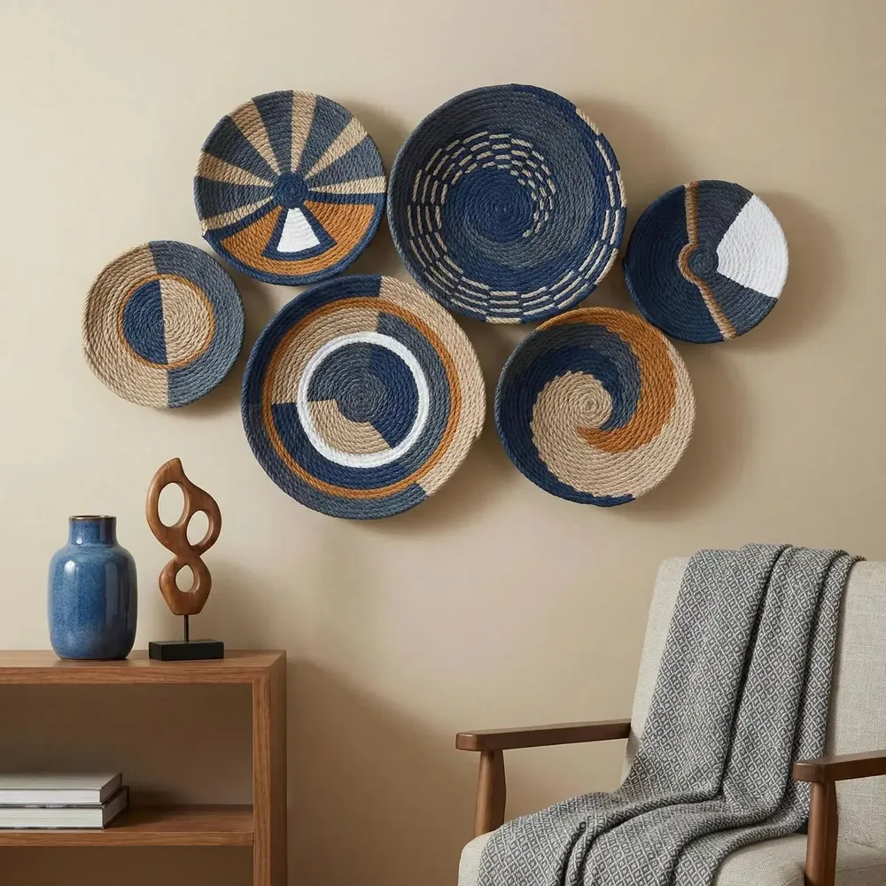 Other wall decoration - Ocean Breeze: 6-Piece Handmade Wicker Wall Plate Set - SARMAL DESIGN