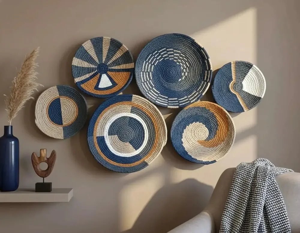 Other wall decoration - Ocean Breeze: 6-Piece Handmade Wicker Wall Plate Set - SARMAL DESIGN