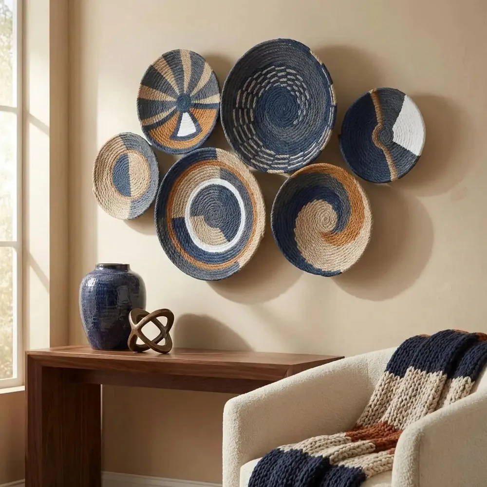 Other wall decoration - Ocean Breeze: 6-Piece Handmade Wicker Wall Plate Set - SARMAL DESIGN