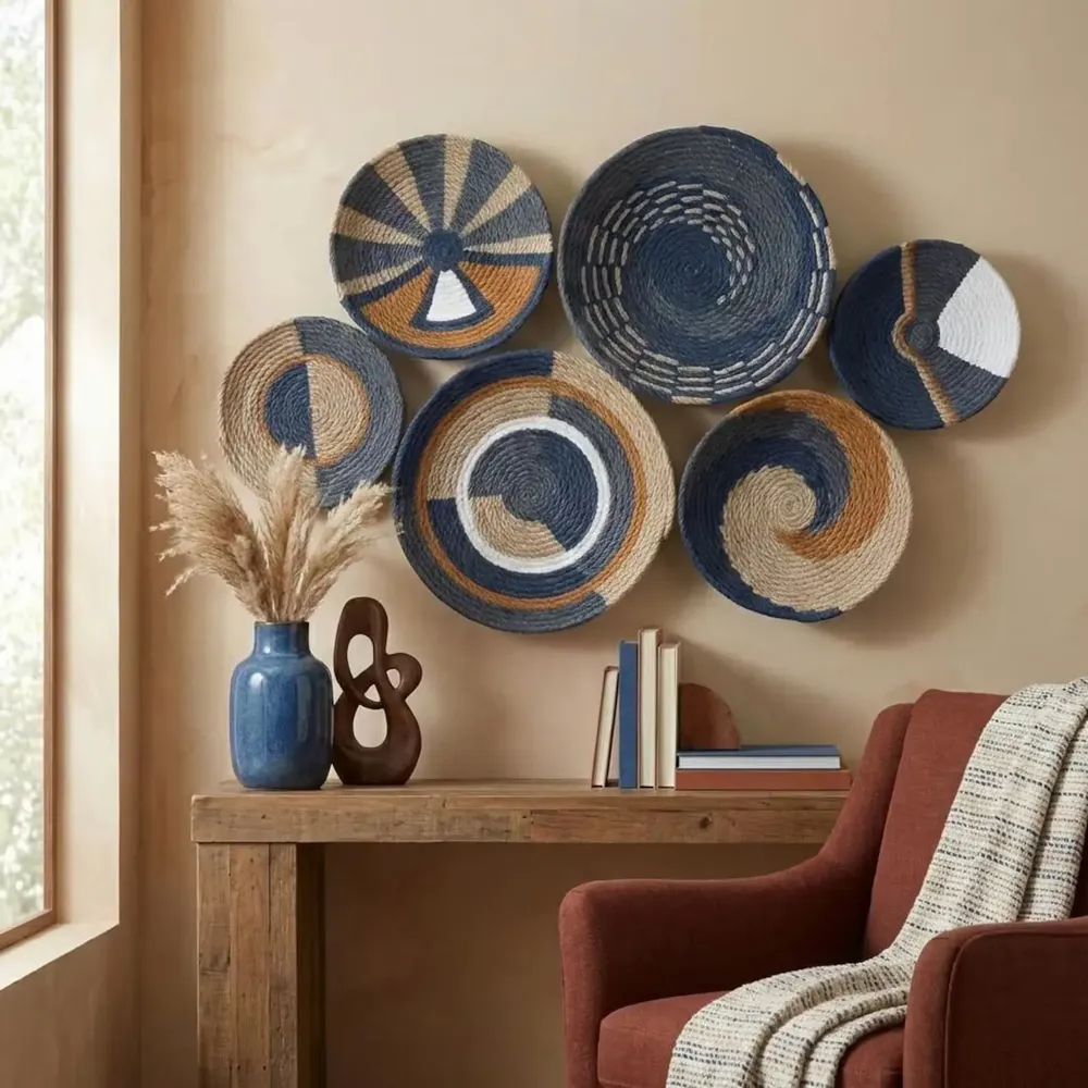 Other wall decoration - Ocean Breeze: 6-Piece Handmade Wicker Wall Plate Set - SARMAL DESIGN