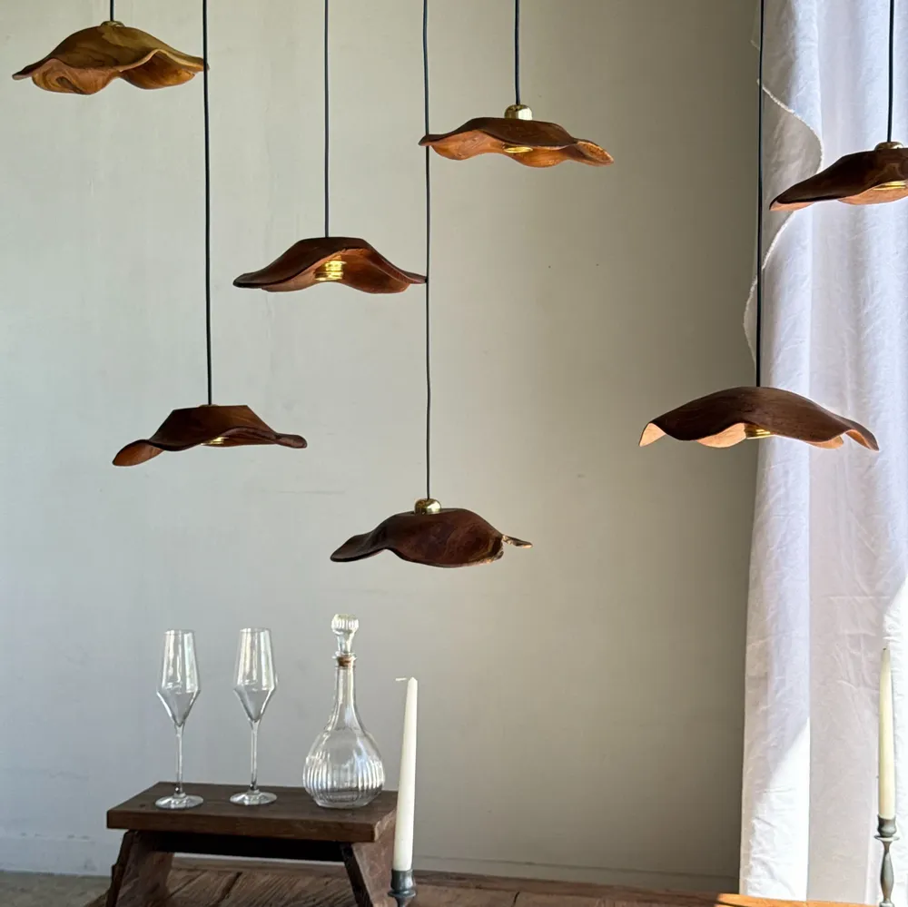 Hanging lights - Small wavy teak flat leaf suspension D:30 - OFFICE OBJETS