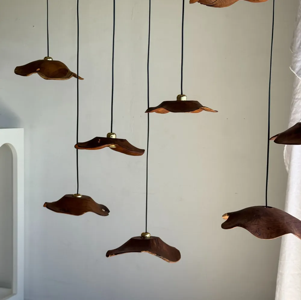 Hanging lights - Small wavy teak flat leaf suspension D:30 - OFFICE OBJETS