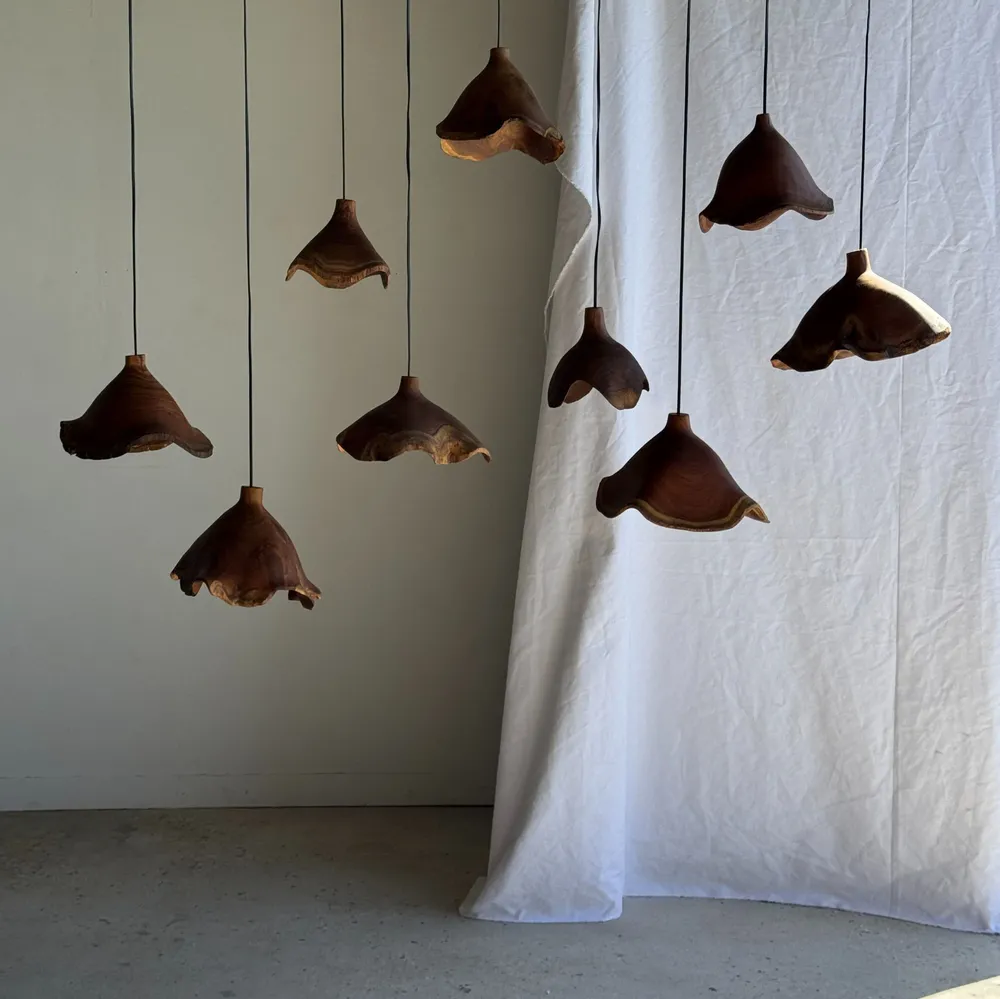 Hanging lights - Small organic teak suspension hat D30 H20 - OFFICE OBJETS