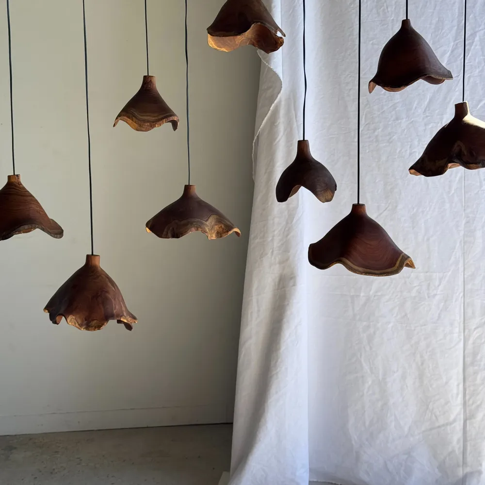 Hanging lights - Small organic teak suspension hat D30 H20 - OFFICE OBJETS