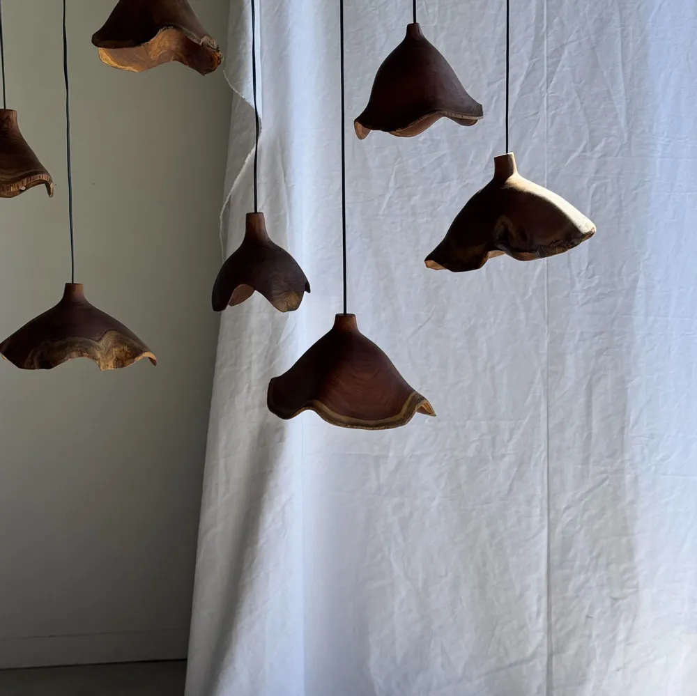 Hanging lights - Small organic teak suspension hat D30 H20 - OFFICE OBJETS