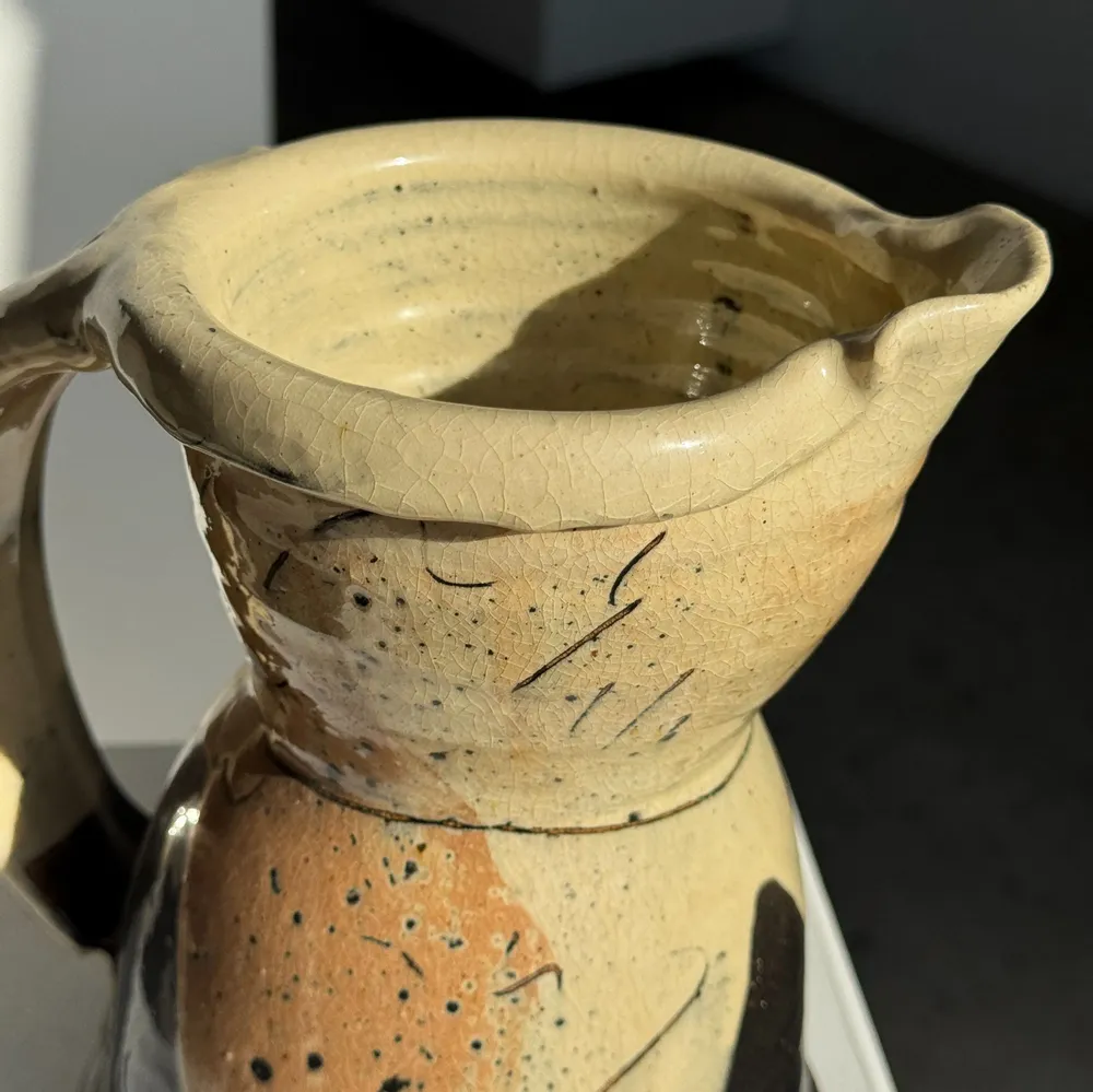 Carafes - Handmade ceramic carafe in beige, pink and black thick black H21 - OFFICE OBJETS