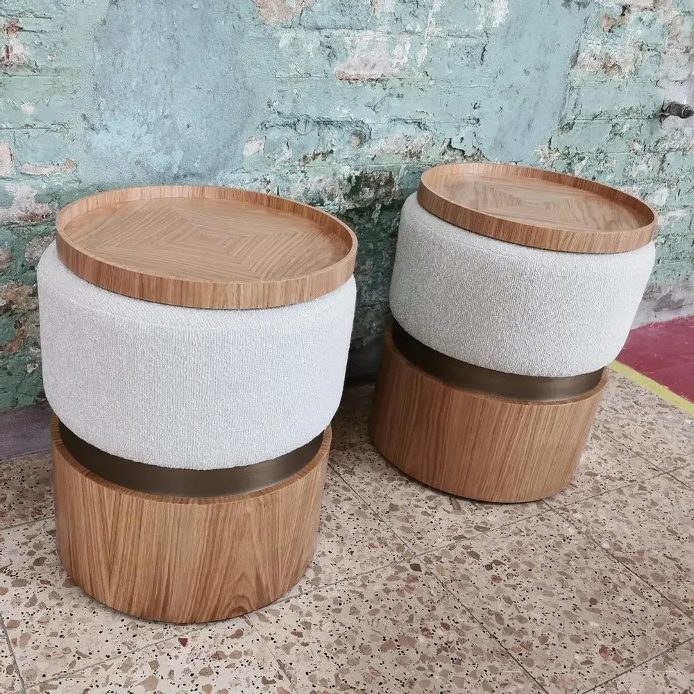 Stools for hospitalities & contracts - Lune B Round Pouf diam 40cm, Fabric seat, Brass & wood Base - DUISTT